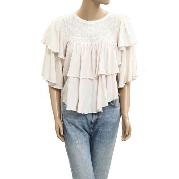 Free People Rose Party Tee Blouse Top Swingy Floral Embroidered Ruffle S 281541 - Picture 1 of 4